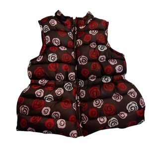 💚 GUC Gymboree Brown Floral Puffer Vest with Red and Pink Roses XS 3-4